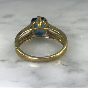 RESERVED LISTING Vintage London Blue Topaz and Diamond Engagement Ring. 9K Yellow Gold Setting. 4th Anniversary. - Scotch Street Vintage