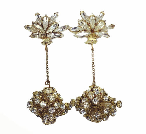 Rhinestone Drop Earrings by Hattie Carnegie. Stunning Clip-on Earrings with Lots of Sparkle. - Scotch Street Vintage