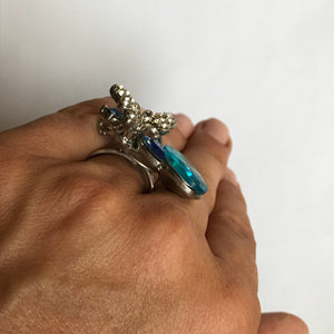 Upcycled Butterfly Ring. Blue Rhinestone Statement Ring. Costume Jewelry. Recycled Jewelry - Scotch Street Vintage