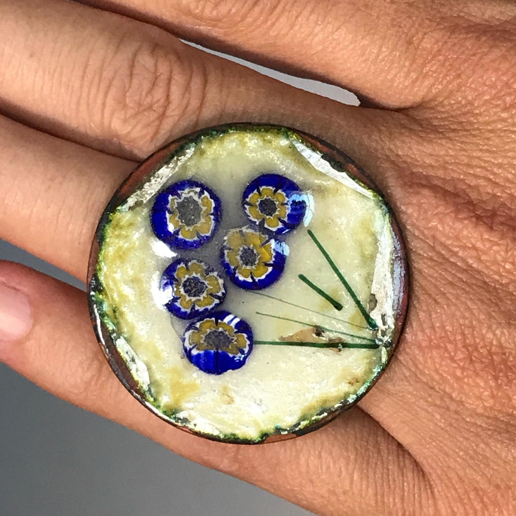 Upcycled Flower Statement Ring. Vintage Blue Painted Flowers. Recycled Ring. - Scotch Street Vintage