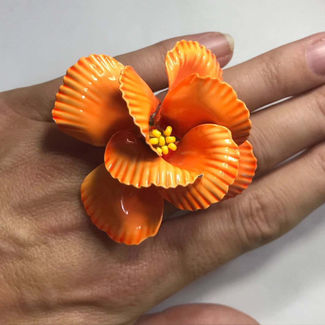 Upcycled Orange Enamel Flower Ring. Tropical Flower Ring. Recycled Estate Jewelry - Scotch Street Vintage
