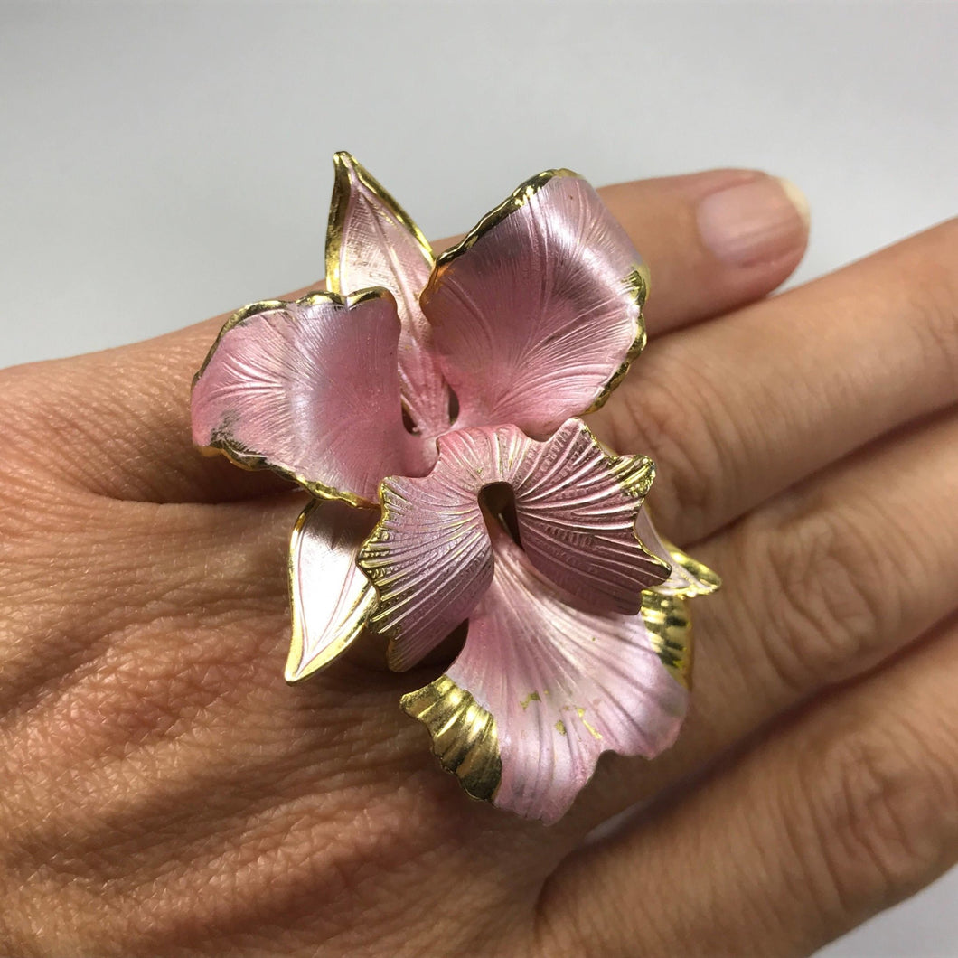 Upcycled Pink Flower Ring. Vintage Hibiscus Ring. Recycled Statement Ring. - Scotch Street Vintage