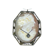 Load image into Gallery viewer, Victorian Cameo Pendant or Brooch with Large Carved Carnelian Shell Lady with Diamond Necklace. - Scotch Street Vintage