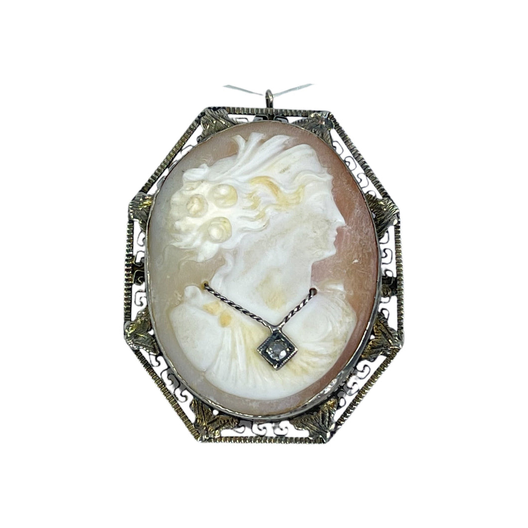 Victorian Cameo Pendant or Brooch with Large Carved Carnelian Shell Lady with Diamond Necklace. - Scotch Street Vintage