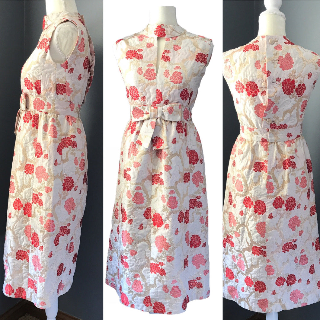 Vintage 1950 Brocade Wiggle Dress by Saks Fifth Avenue. Red and Pink Kimono Floral Design. - Scotch Street Vintage