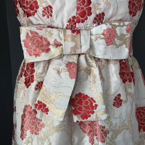 Vintage 1950 Brocade Wiggle Dress by Saks Fifth Avenue. Red and Pink Kimono Floral Design. - Scotch Street Vintage