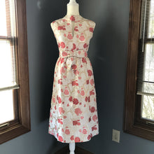 Load image into Gallery viewer, Vintage 1950 Brocade Wiggle Dress by Saks Fifth Avenue. Red and Pink Kimono Floral Design. - Scotch Street Vintage