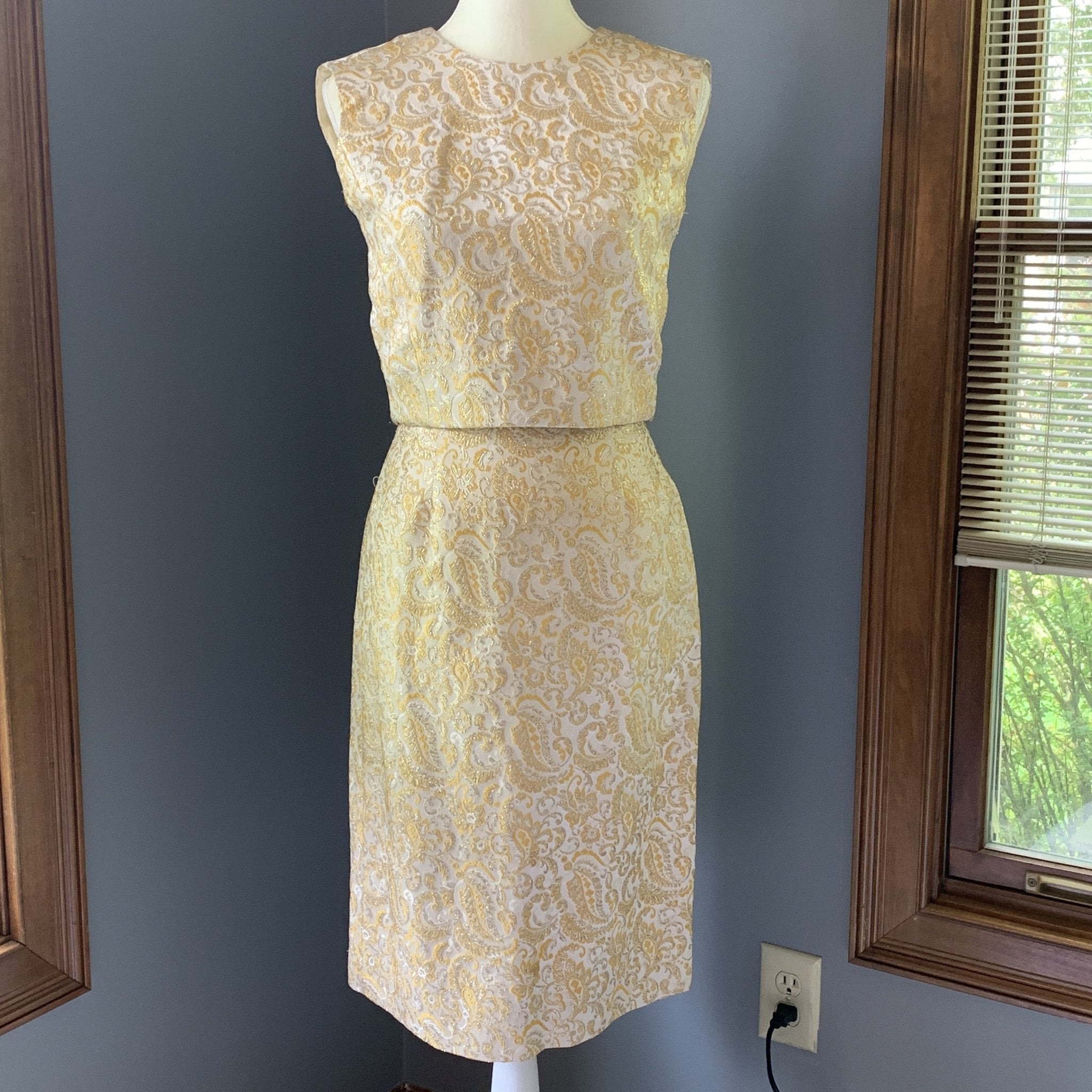 Vintage 1950s 3 Piece Wiggle Dress in a Gold and Cream Jacquard by Lee Vintage 1950s 3 Piece Wiggle Dress in a Gold and Cream Jacquard by Lee