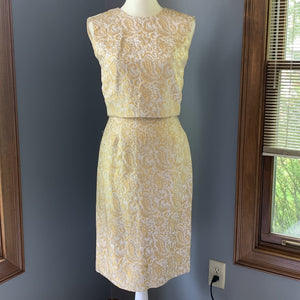 Vintage 1950s 3 Piece Wiggle Dress in a Gold and Cream Jacquard by Lee Richard. Wedding Attire. - Scotch Street Vintage