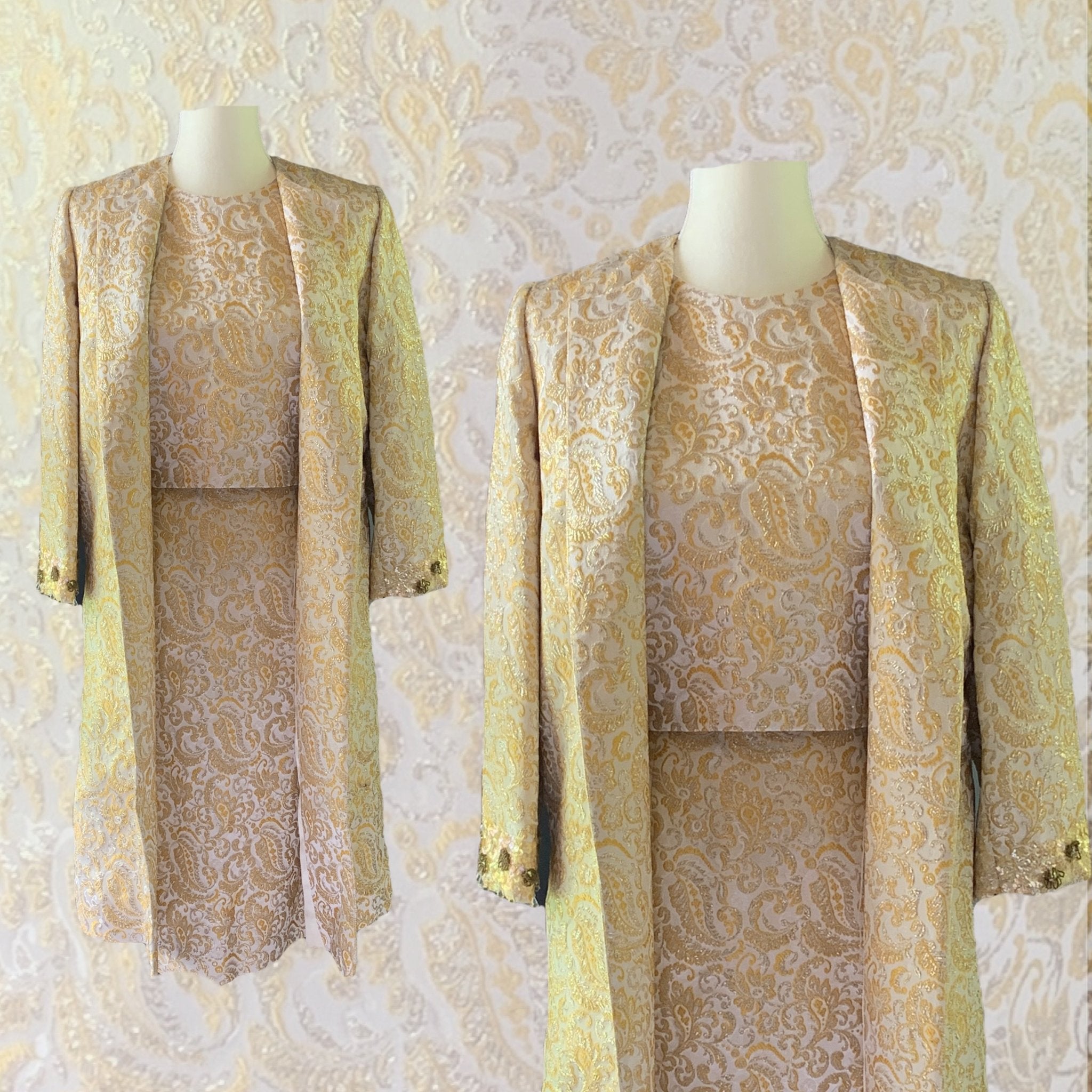 Vintage 1950s 3 Piece Wiggle Dress in a Gold and Cream Jacquard by Lee Richard. Wedding Attire. Vintage 1950s 3 Piece Wiggle Dress in a Gold and Cream Jacquard by Lee Richard. Wedding Attire.