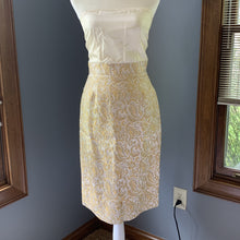 Load image into Gallery viewer, Vintage 1950s 3 Piece Wiggle Dress in a Gold and Cream Jacquard by Lee Richard. Wedding Attire. - Scotch Street Vintage