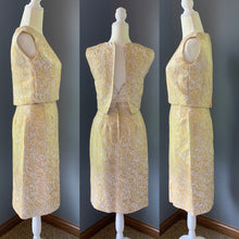 Load image into Gallery viewer, Vintage 1950s 3 Piece Wiggle Dress in a Gold and Cream Jacquard by Lee Richard. Wedding Attire. - Scotch Street Vintage