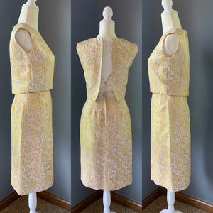Vintage 1950s 3 Piece Wiggle Dress in a Gold and Cream Jacquard by Lee Richard. Wedding Attire. - Scotch Street Vintage