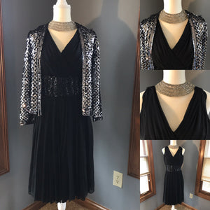 Vintage 1950s Black Chiffon Fit and Flare Dress with Sequin Waist. Perfect for Prom. - Scotch Street Vintage