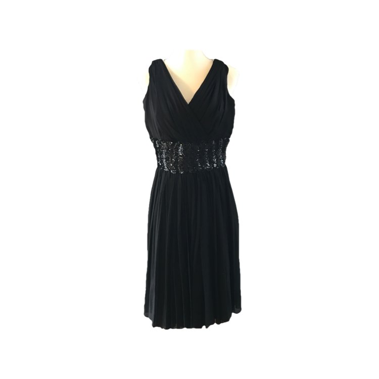 Vintage 1950s Black Chiffon Fit and Flare Dress with Sequin Waist. Per