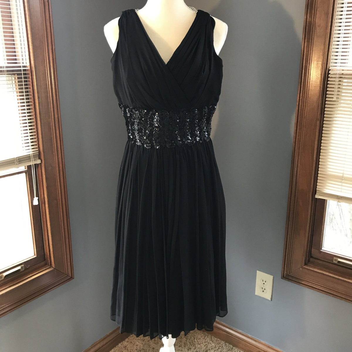 Vintage 1950s Black Chiffon Fit and Flare Dress with Sequin Waist. Per