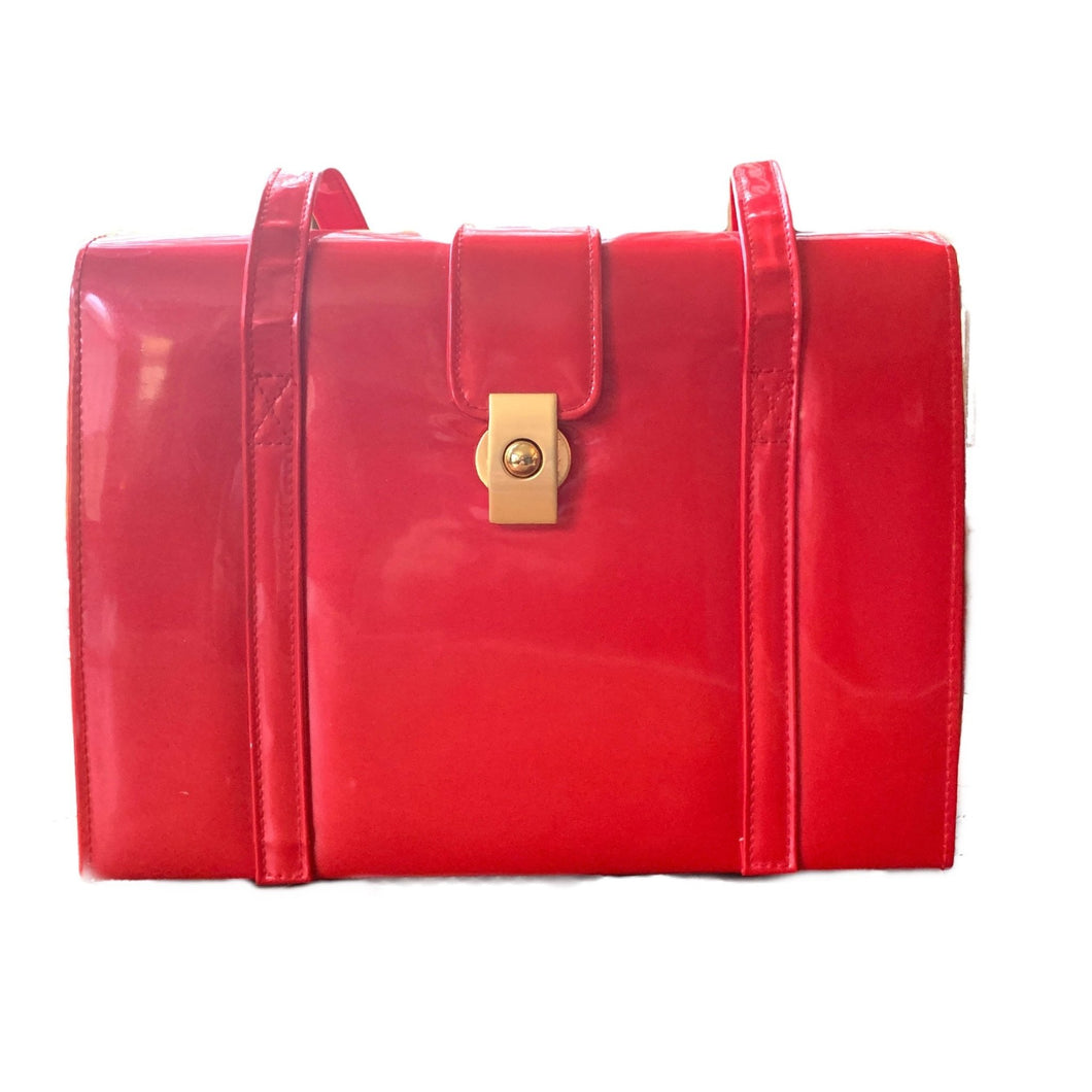 Vintage 1950s Red Patent Leather Purse or Shoulder Bag with Gold Tone Hardware. Sustainable Fashion - Scotch Street Vintage