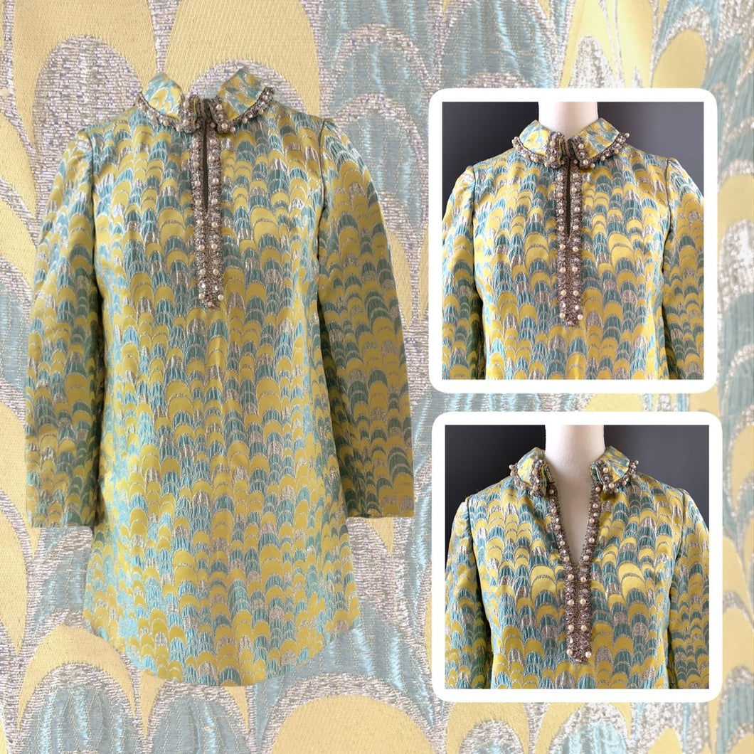 Vintage 1960s Brocade GoGo Shift Dress by Saks Fifth Avenue in a Yellow and Turquoise and Silver - Scotch Street Vintage
