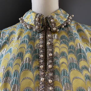 Vintage 1960s Brocade GoGo Shift Dress by Saks Fifth Avenue in a Yellow and Turquoise and Silver - Scotch Street Vintage
