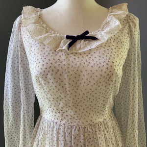 Vintage 1960s Chiffon Babydoll Dress with Lilac Floral Design by Pronuptia of Paris. - Scotch Street Vintage