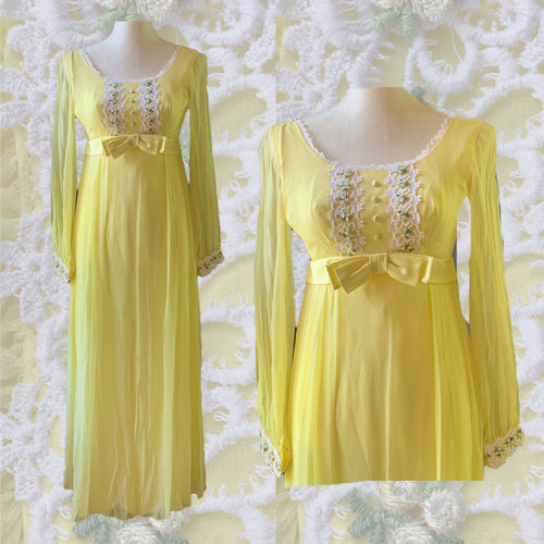 Vintage 1960s Yellow Chiffon Maxi Boho Dress. Lace Accents for Saks Fifth Ave. Festival Dress - Scotch Street Vintage