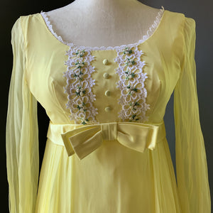 Vintage 1960s Yellow Chiffon Maxi Boho Dress. Lace Accents for Saks Fifth Ave. Festival Dress - Scotch Street Vintage