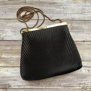 Vintage 1970s Little Black Handbag by La Regale. Black Micro Pleats with Rhinestone Kiss Closure. - Scotch Street Vintage