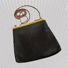 Load image into Gallery viewer, Vintage 1970s Little Black Handbag by La Regale. Black Micro Pleats with Rhinestone Kiss Closure. - Scotch Street Vintage