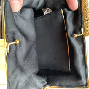 Vintage 1970s Little Black Handbag by La Regale. Black Micro Pleats with Rhinestone Kiss Closure. - Scotch Street Vintage