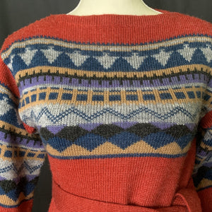 Vintage 1970s Southwestern Sweater by Western Fareast. Red Blue and Tan Aztec Design. Fall Fashion. - Scotch Street Vintage