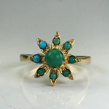Load image into Gallery viewer, Vintage 1970s Turquoise Ring in a Yellow Gold Flower Setting. Blue and Green Turquoise. - Scotch Street Vintage