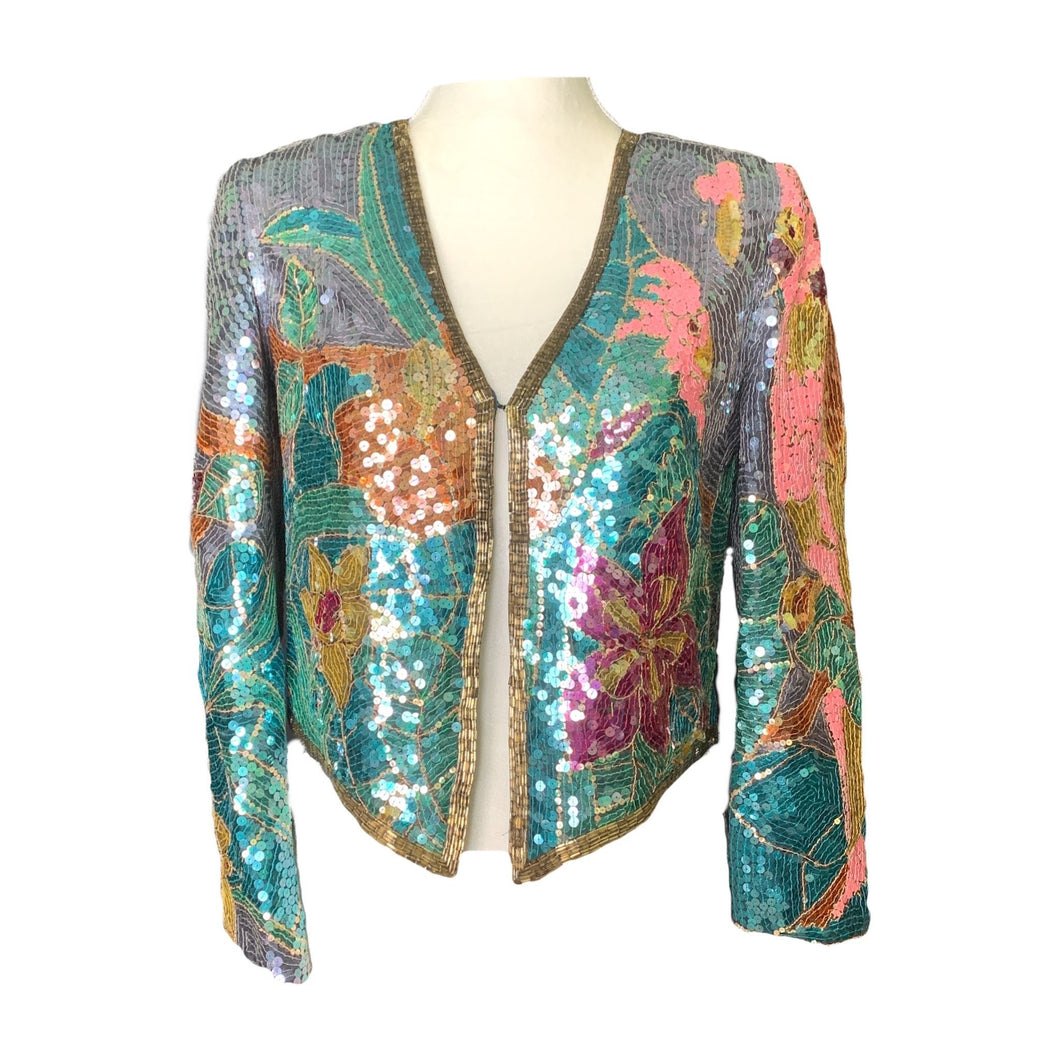 Vintage 1980s Sequin Bolero Jacket in a Vibrant Floral by Jack Bryan. Statement Piece. Sustainable Clothing. - Scotch Street Vintage