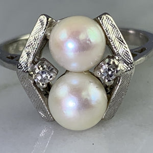 Vintage Akoya Pearl Ring with Diamonds Accents set in 14K White Gold. June's Birthstone. - Scotch Street Vintage