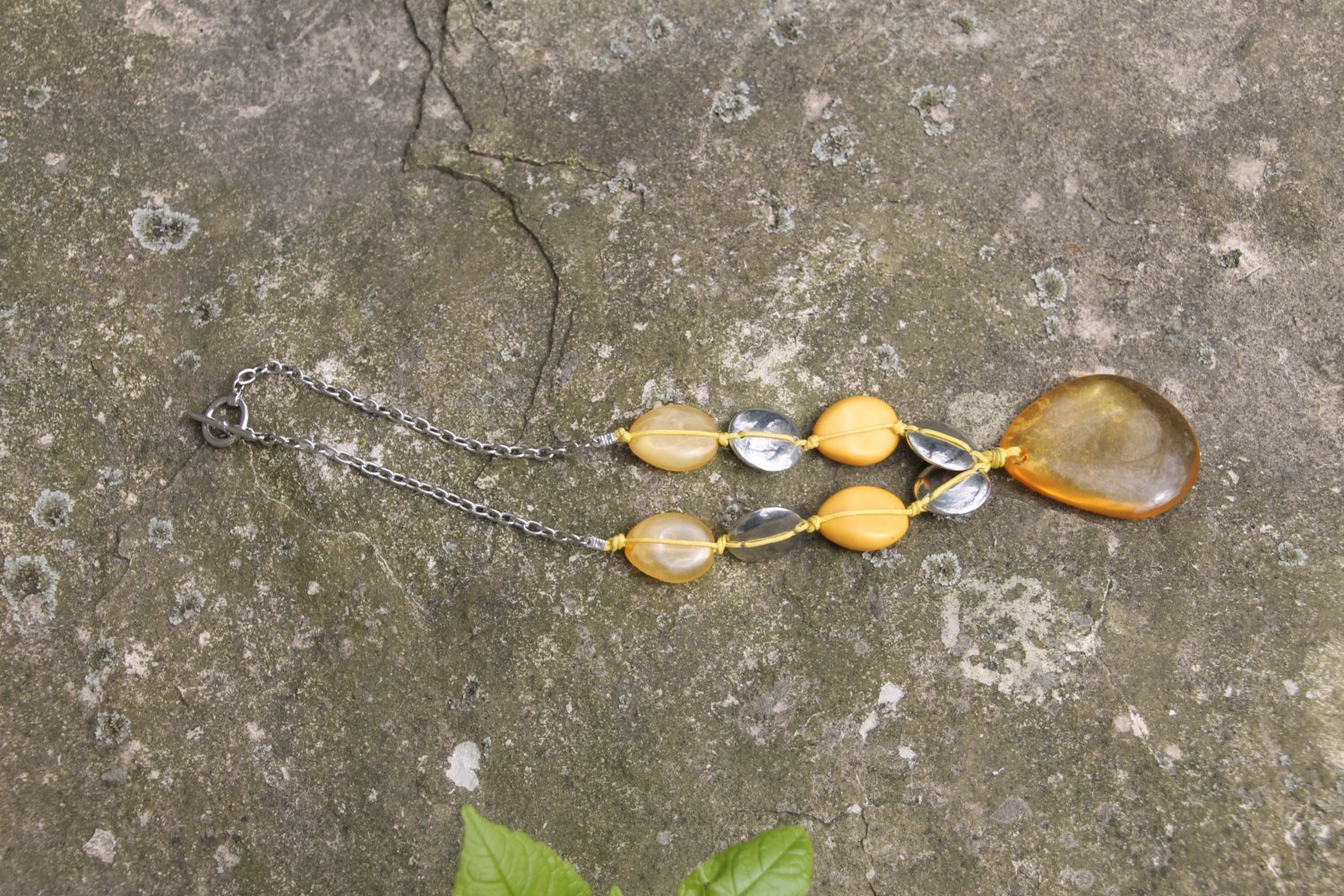 Vintage Amber Necklace with Teardrop Pendant and Yellow and Silver Bea