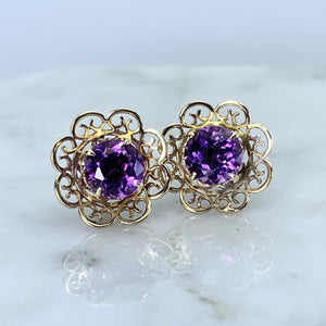 Vintage Amethyst Earrings set in a Yellow Gold Flower Setting. February Birthstone. Wedding Jewelry. - Scotch Street Vintage