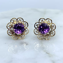 Load image into Gallery viewer, Vintage Amethyst Earrings set in a Yellow Gold Flower Setting. February Birthstone. Wedding Jewelry. - Scotch Street Vintage