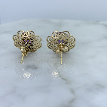Load image into Gallery viewer, Vintage Amethyst Earrings set in a Yellow Gold Flower Setting. February Birthstone. Wedding Jewelry. - Scotch Street Vintage