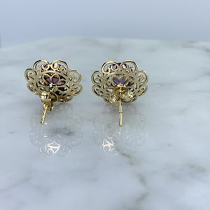 Vintage Amethyst Earrings set in a Yellow Gold Flower Setting. February Birthstone. Wedding Jewelry. - Scotch Street Vintage
