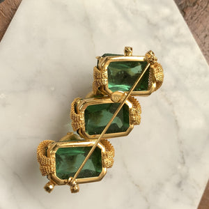 Vintage Avant Garde Gold Tone Brooch br Arnold Scaasi. Green Glass Stones Repurpose into a Necklace. - Scotch Street Vintage