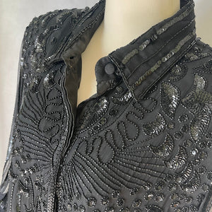 Vintage Black Beaded Shirt Dress or Jacket by Stenay. Pep up Jeans or Belt as Mini Dress. 1980s Large Oversized 1980s - Scotch Street Vintage