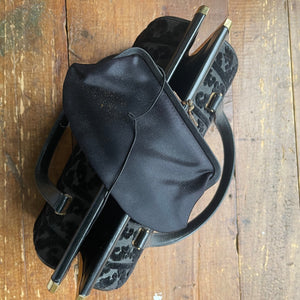 Vintage Black Coblentz Bag with Velvet Fleur De Lis Design. Doctor Style. 1950s Vintage Fashion. - Scotch Street Vintage