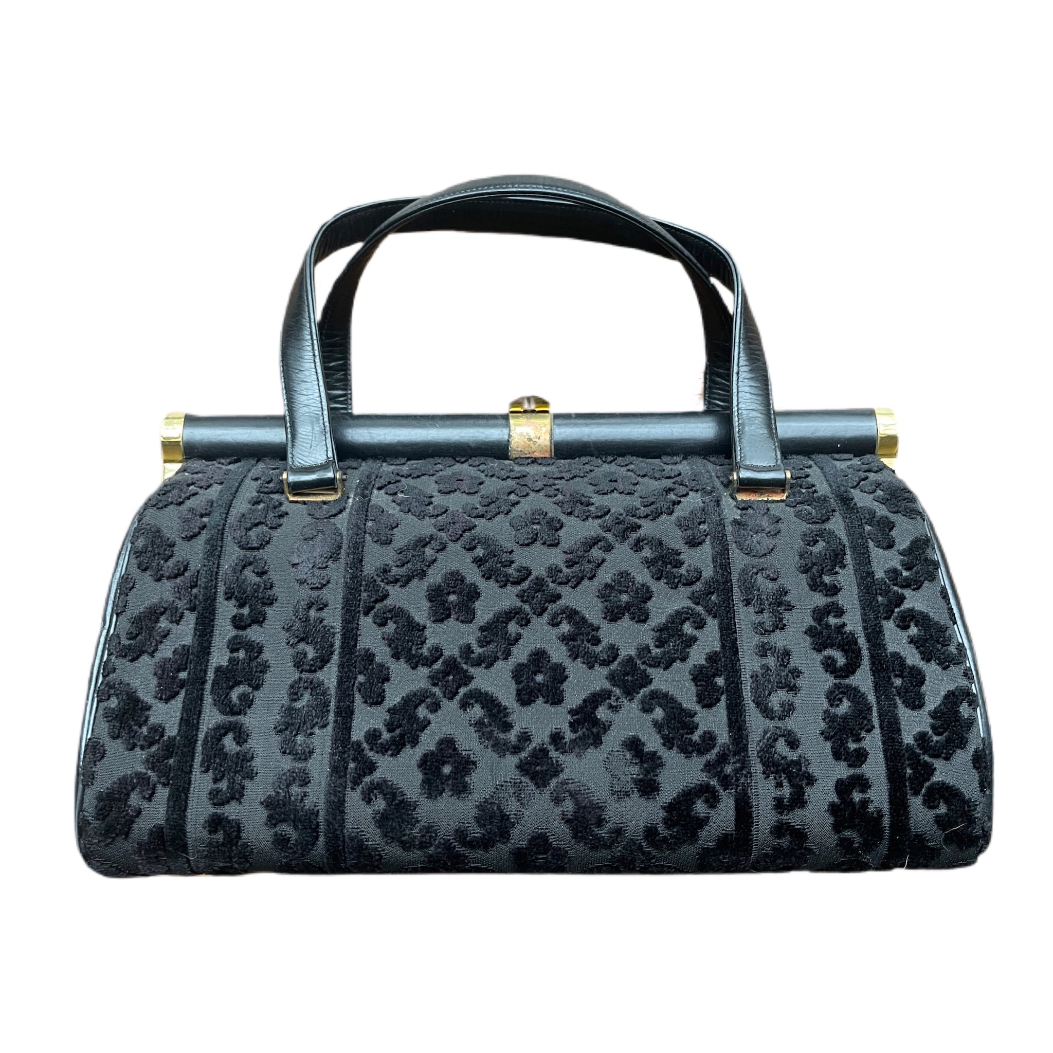 Vintage Black Coblentz Bag with Velvet Fleur De Lis Design. Doctor Style. 1950s Vintage Fashion