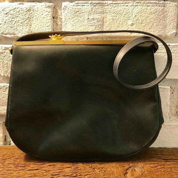 Vintage Black Leather Purse / Handbag by Koret. Gold Tone Hardware. 19