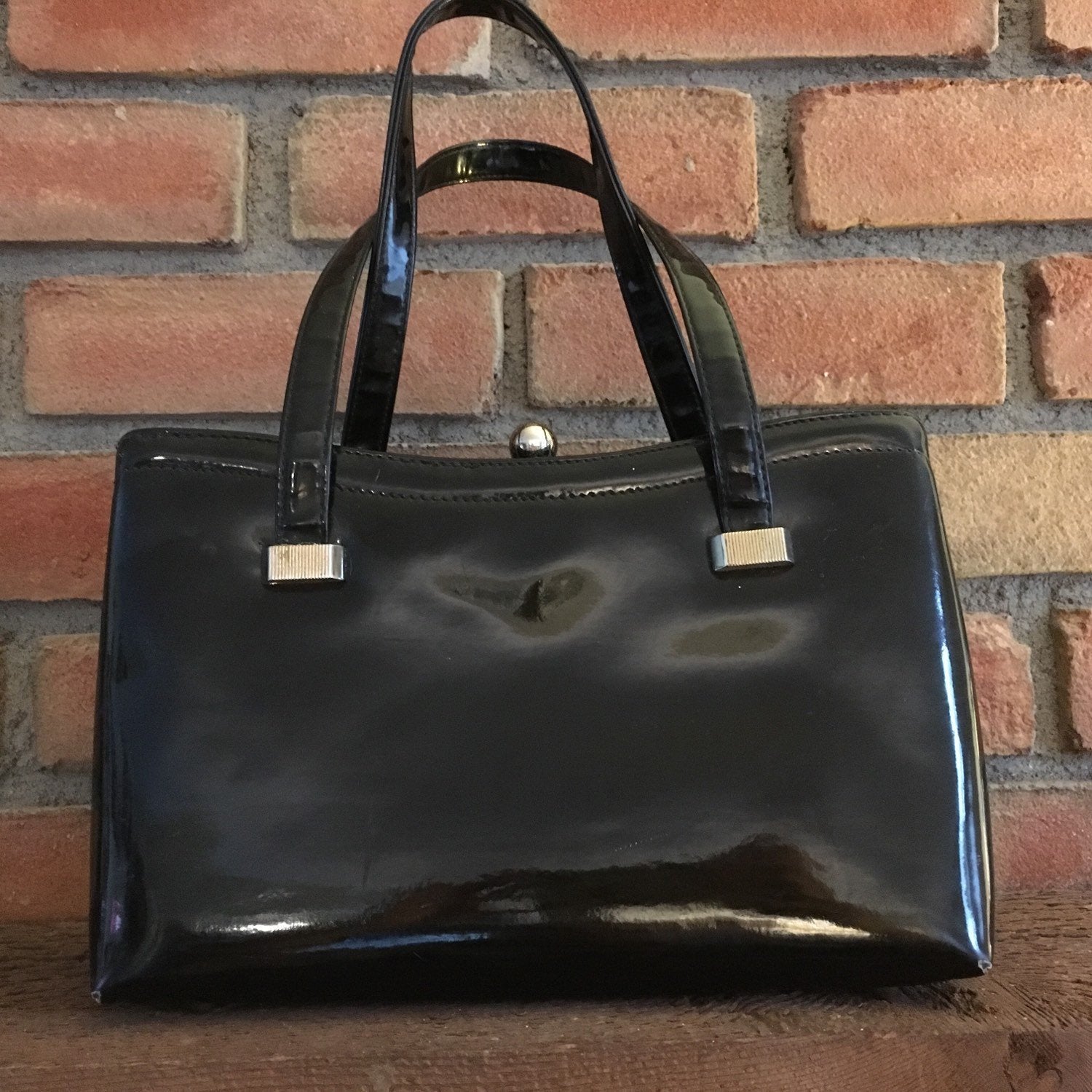 Vintage Black Patent Leather Handbag by Koret. 1950s Purse. Red Leathe