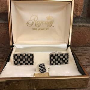 Vintage Black & Silver Checkerboard Cufflinks by Foster. Racing Flag Cuff Links. Grooms Gift. - Scotch Street Vintage