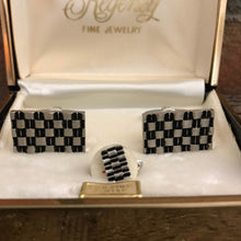 Load image into Gallery viewer, Vintage Black &amp; Silver Checkerboard Cufflinks by Foster. Racing Flag Cuff Links. Grooms Gift. - Scotch Street Vintage