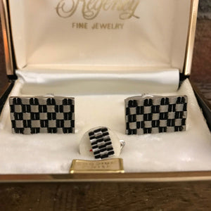 Vintage Black & Silver Checkerboard Cufflinks by Foster. Racing Flag Cuff Links. Grooms Gift. - Scotch Street Vintage