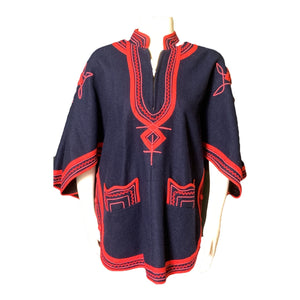 Vintage Blue Poncho Cape in Wool with a Red Accent from Guatemala. 1960s Stylish Sustainable. - Scotch Street Vintage