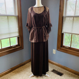 Vintage Bohemian Brown Maxi Dress and Sheer Top by Three Flaggs with Delicate Embroidery. - Scotch Street Vintage