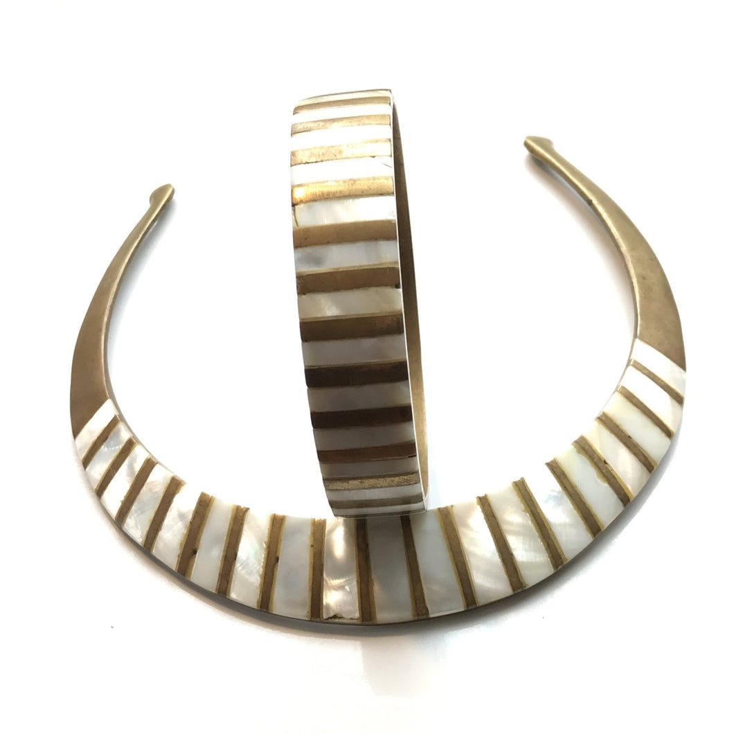 Vintage Brass and Mother of Pearl Collar Choker and Bangle Bracelet. - Scotch Street Vintage